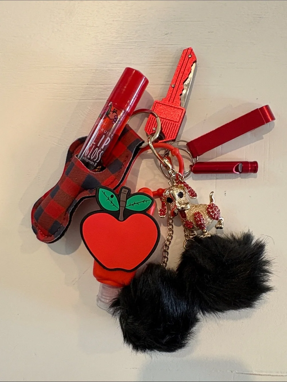 Red Apple Keychain Charm Safety Set with Lip Gloss Holder